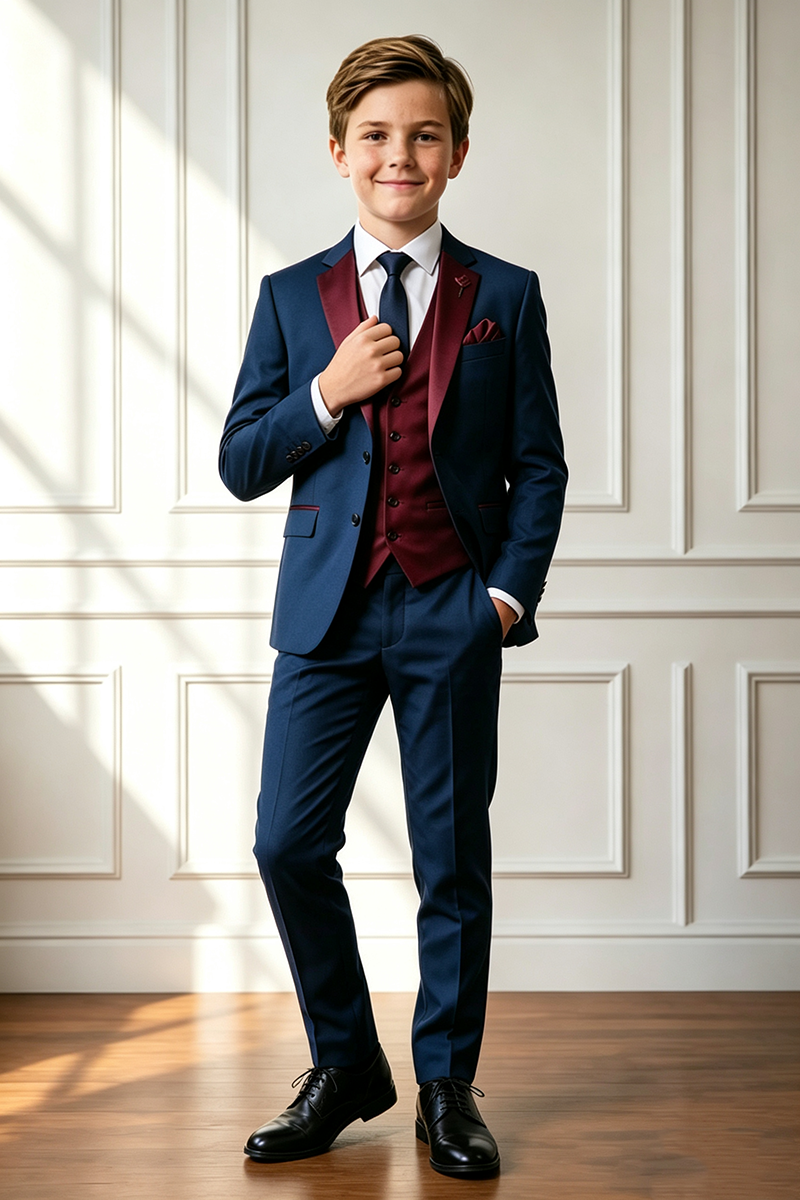 Boys Navy Tuxedo with Burgundy Notch Lapel 3‑Piece Suit for Weddings
