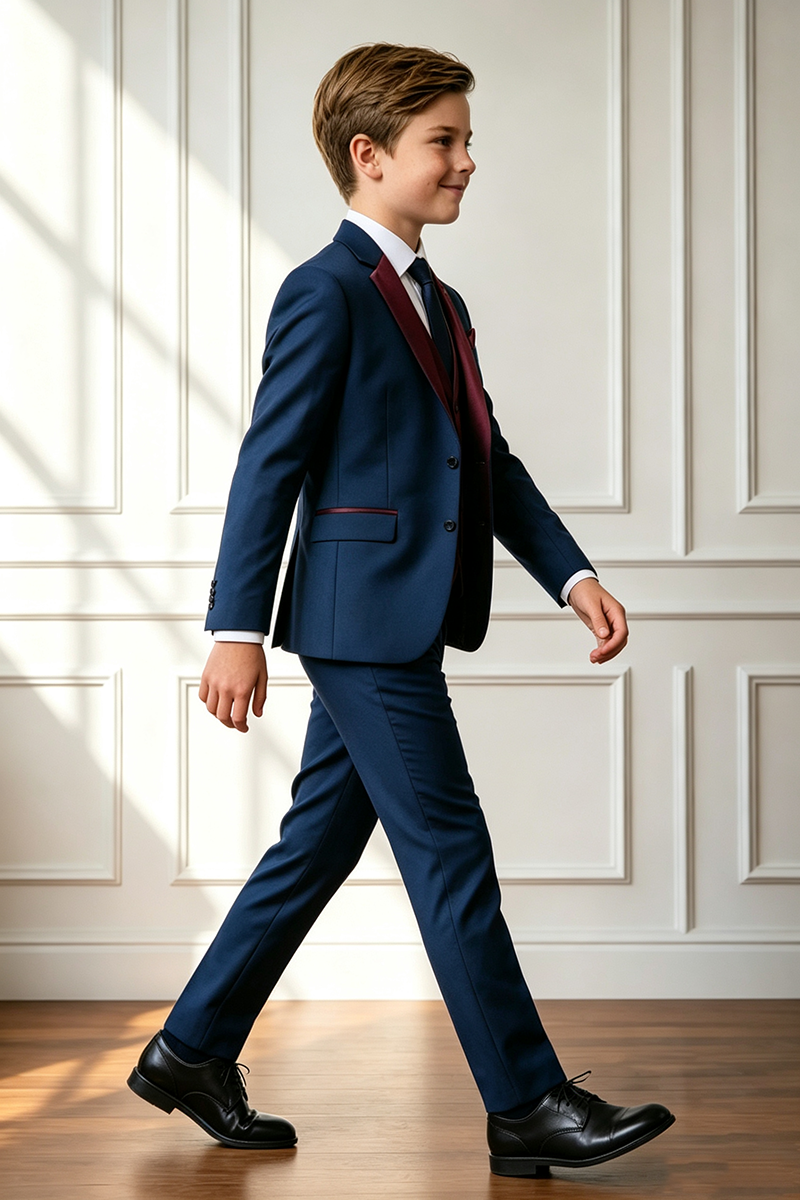 Boys Navy Tuxedo with Burgundy Notch Lapel 3‑Piece Suit for Weddings
