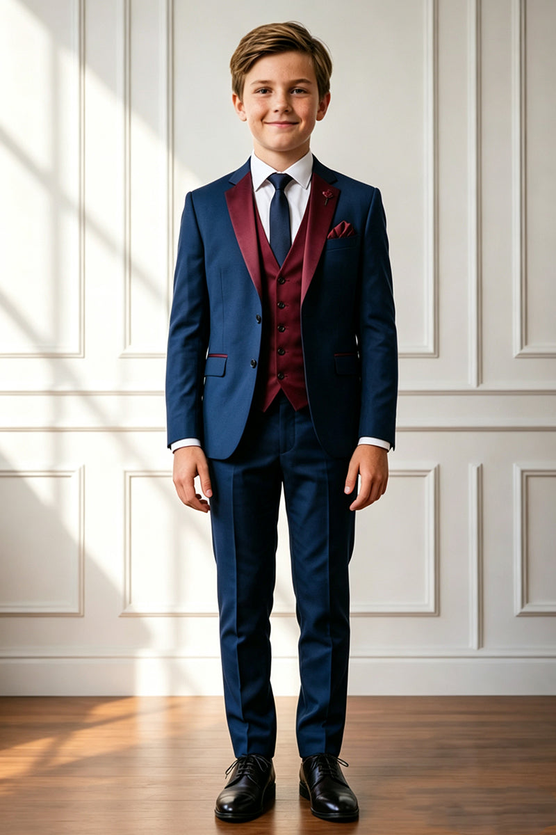 Boys Navy Tuxedo with Burgundy Notch Lapel 3‑Piece Suit for Weddings