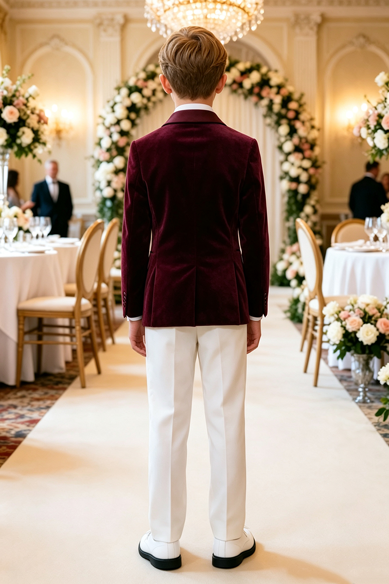 Boys Burgundy Velvet with Shawl Collar 2‑Piece Suit