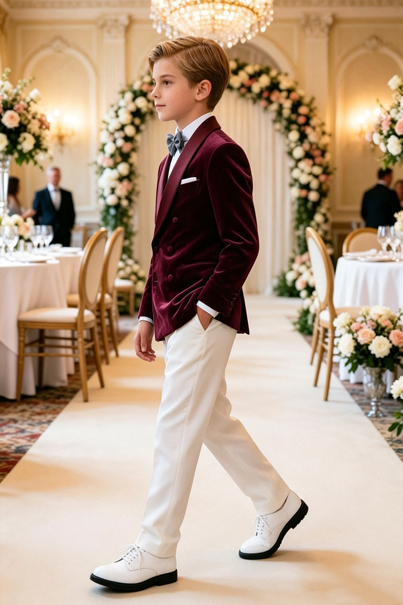 Boys Burgundy Velvet with Shawl Collar 2‑Piece Suit
