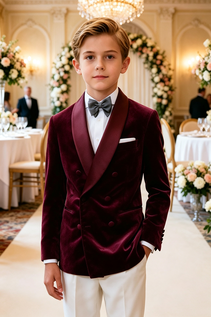 Boys Burgundy Velvet with Shawl Collar 2‑Piece Suit