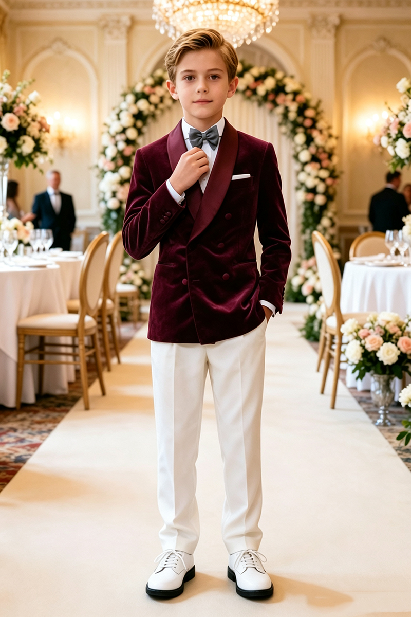 Boys Burgundy Velvet with Shawl Collar 2‑Piece Suit