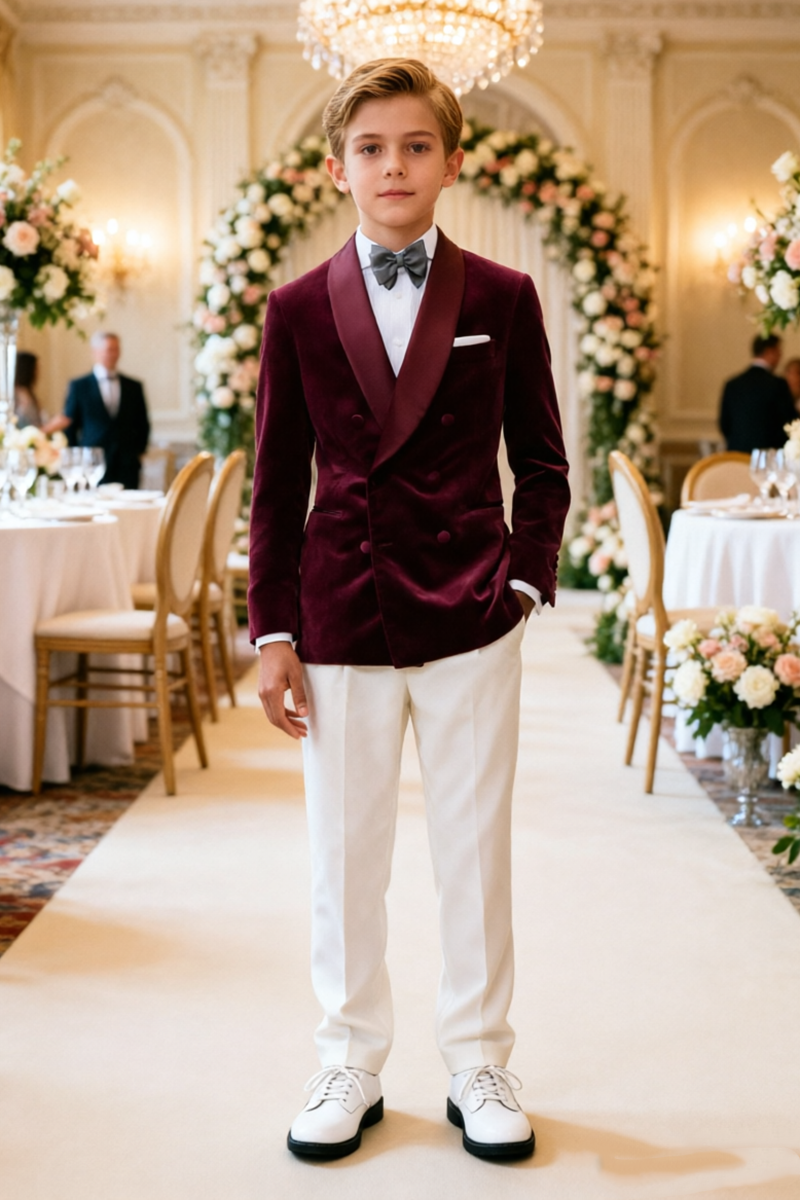 Boys Burgundy Velvet with Shawl Collar 2‑Piece Suit