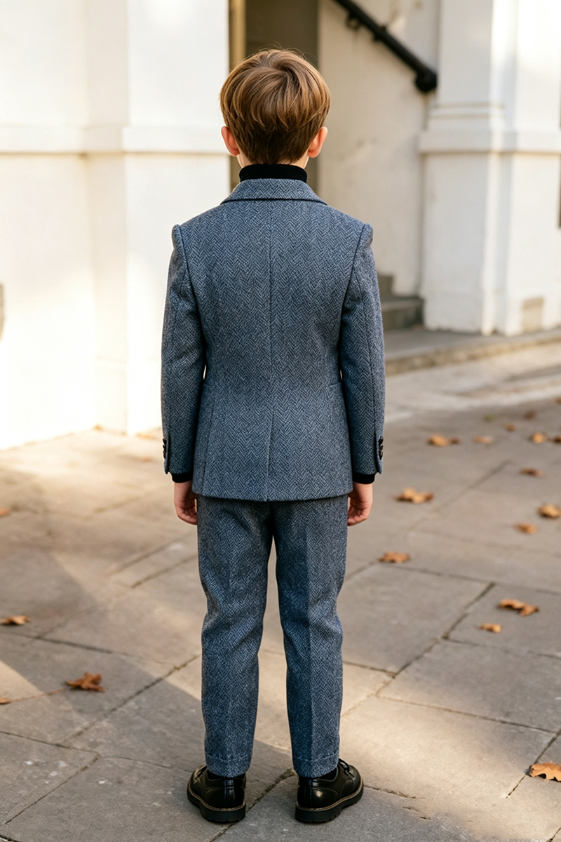 Boys Gray Blue Herringbone with Notch Lapel 2‑Piece Suit