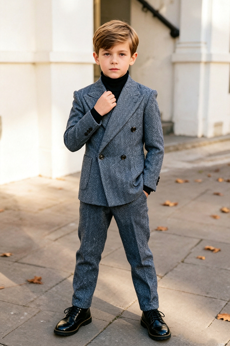 Boys Gray Blue Herringbone with Notch Lapel 2‑Piece Suit