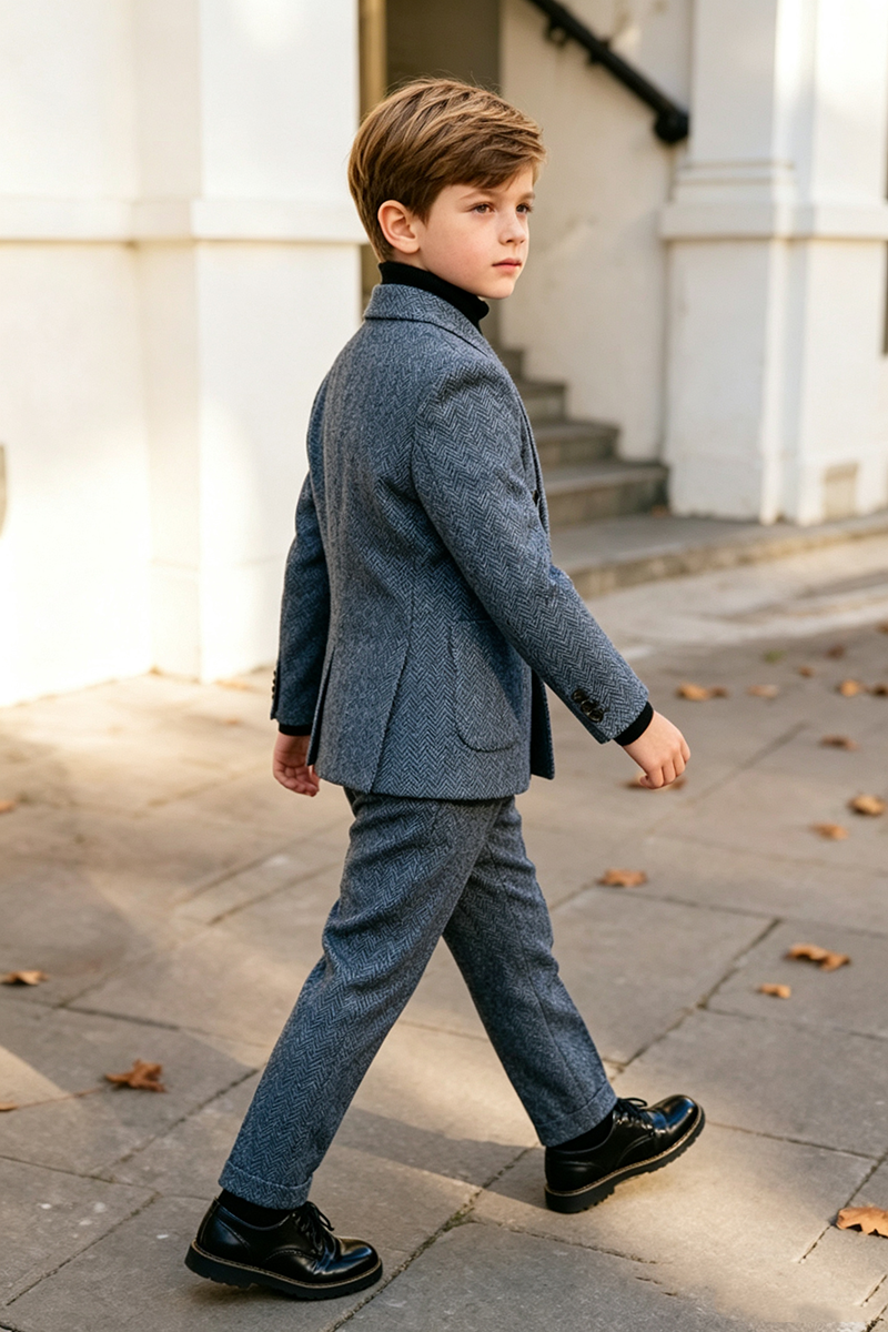 Boys Gray Blue Herringbone with Notch Lapel 2‑Piece Suit