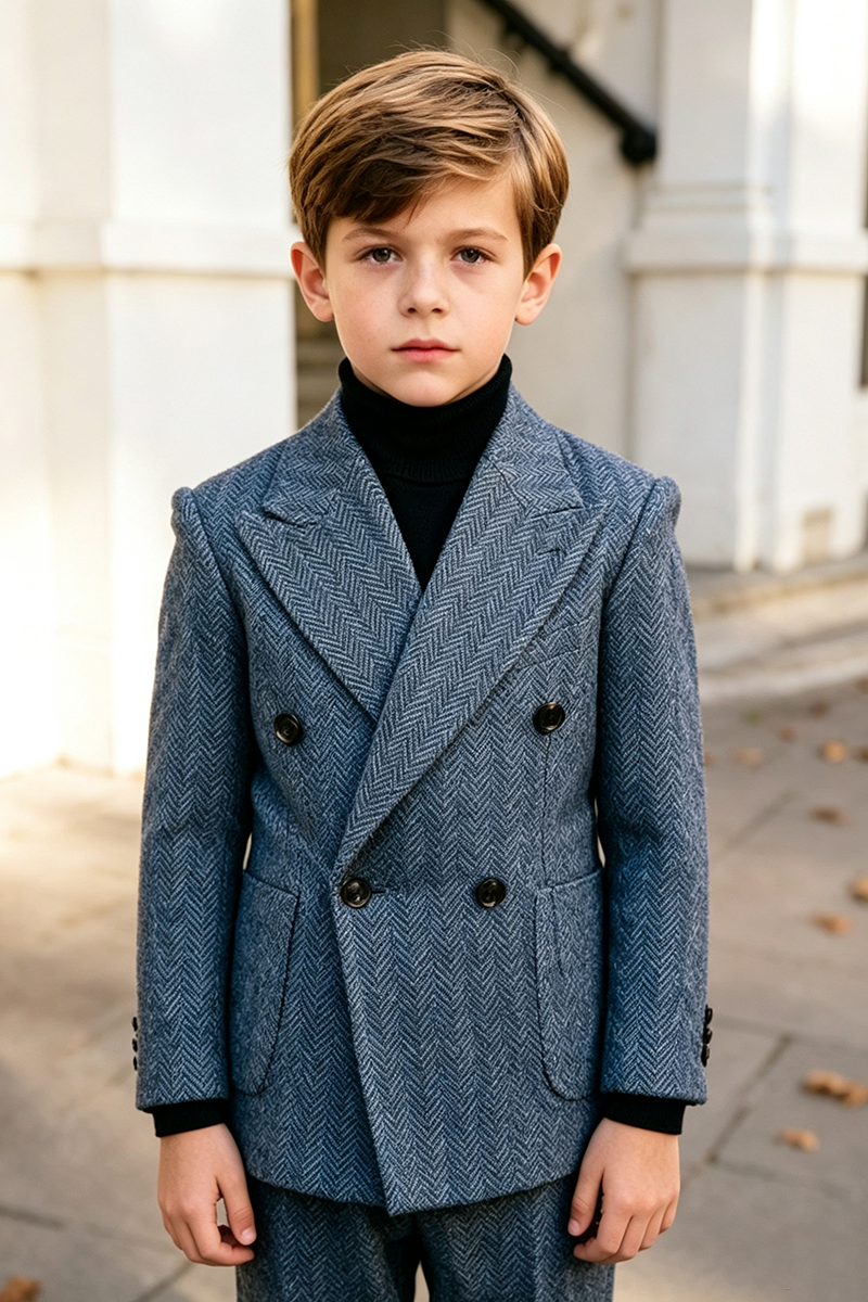 Boys Gray Blue Herringbone with Notch Lapel 2‑Piece Suit