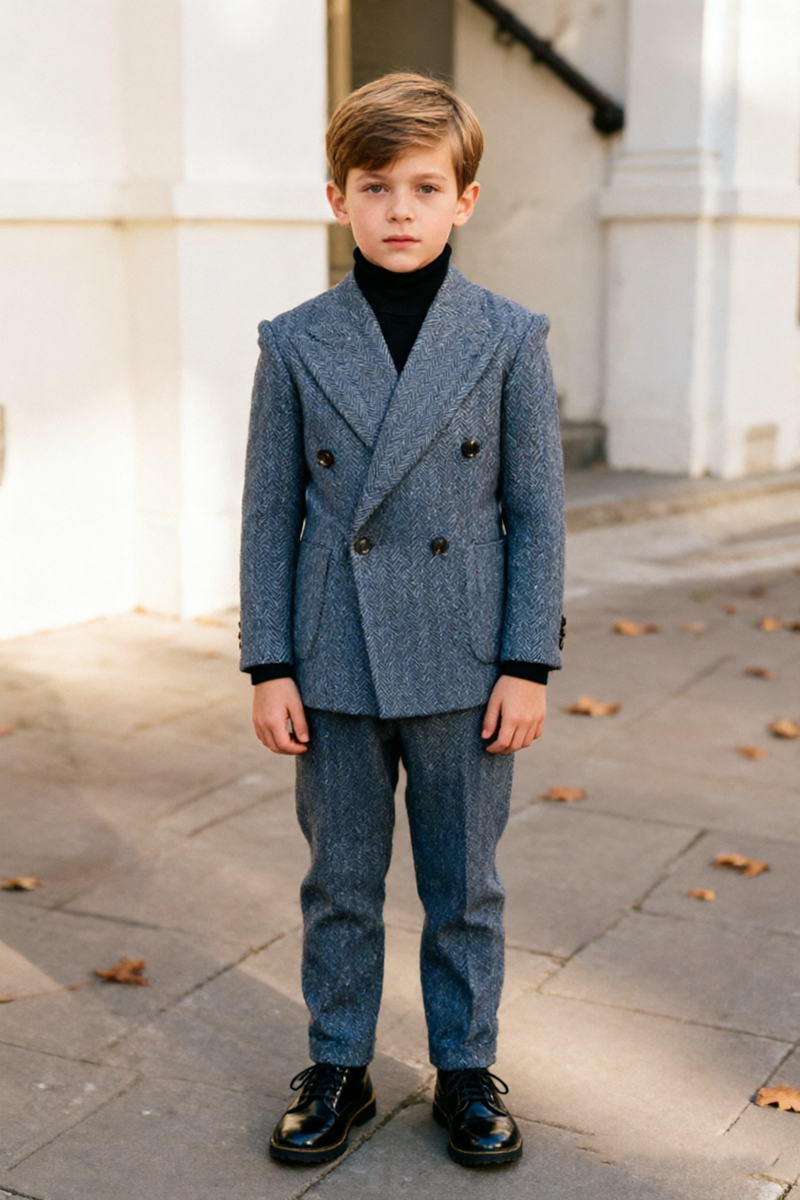 Boys Gray Blue Herringbone with Notch Lapel 2‑Piece Suit