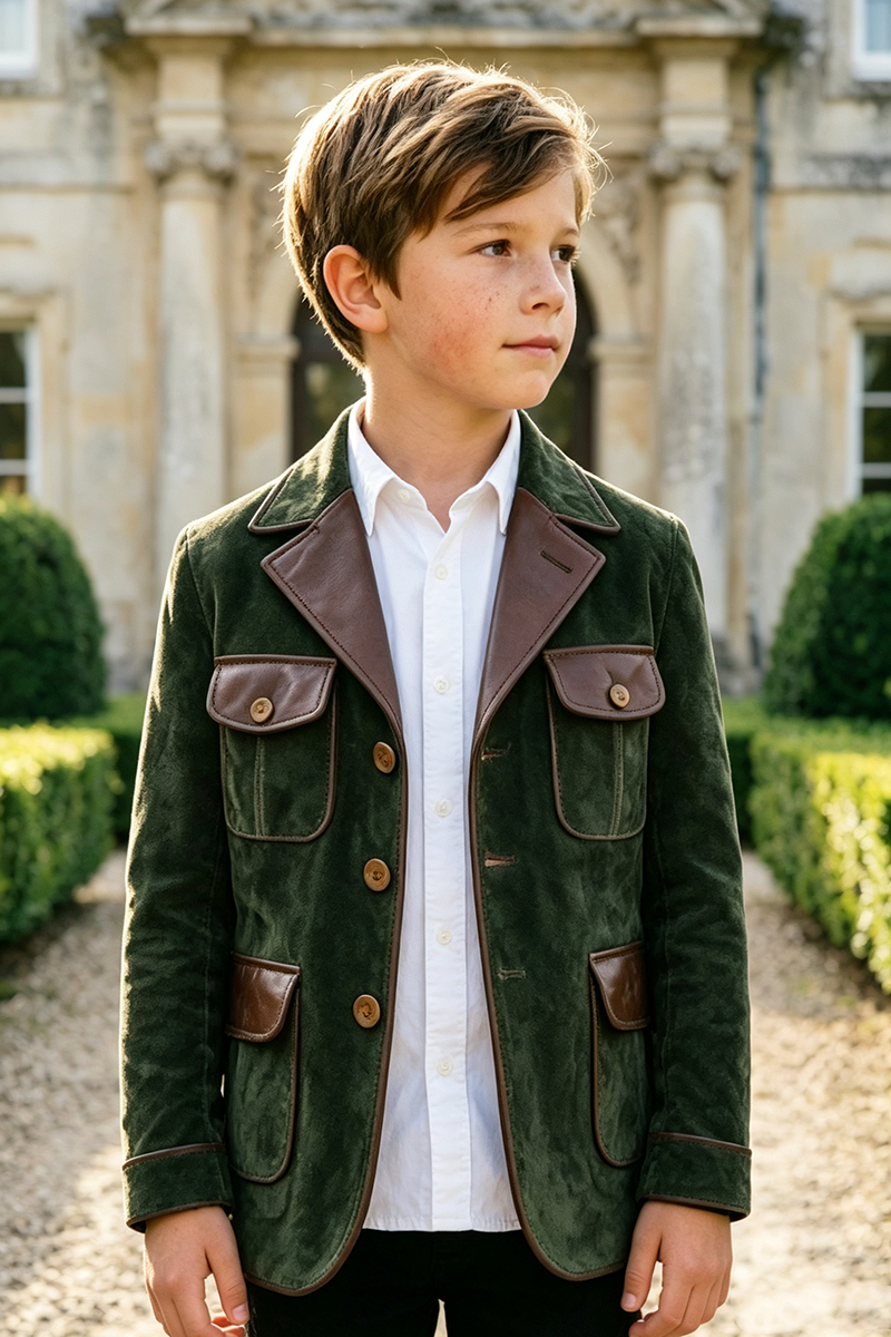 Boys Olive Suede with Contrast Lapel 2‑Piece Suit