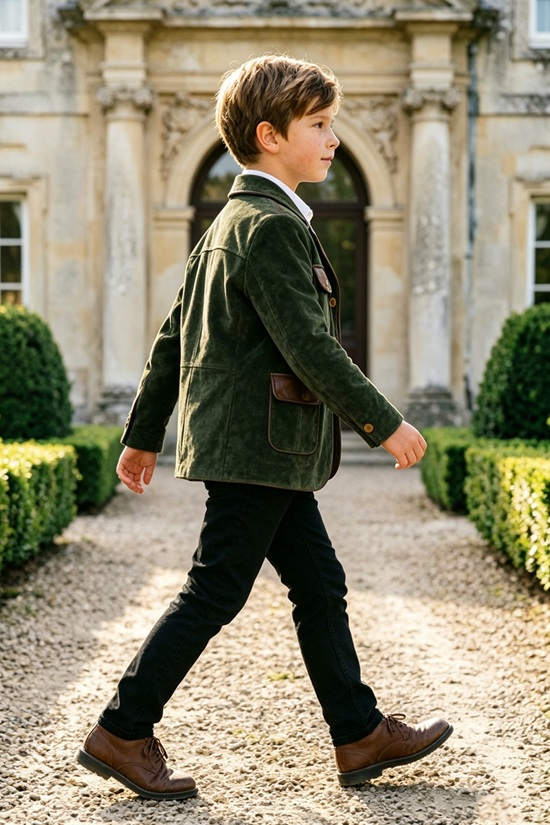 Boys Olive Suede with Contrast Lapel 2‑Piece Suit