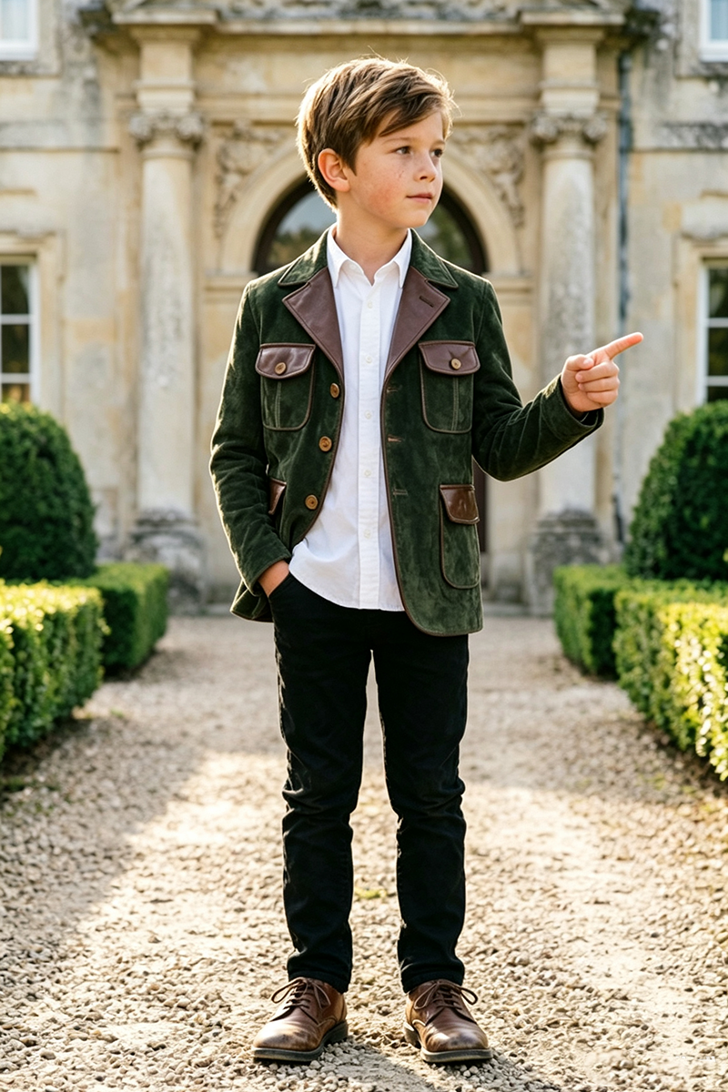 Boys Olive Suede with Contrast Lapel 2‑Piece Suit