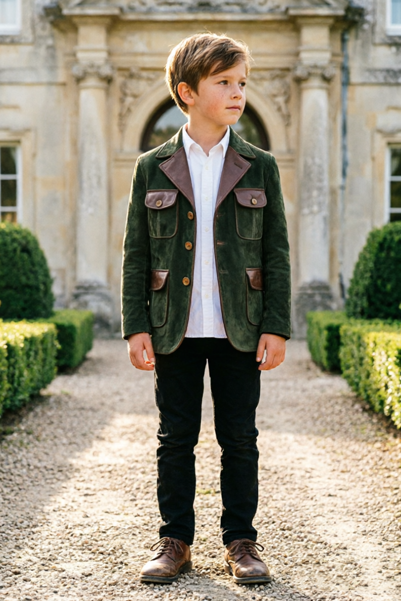 Boys Olive Suede with Contrast Lapel 2‑Piece Suit