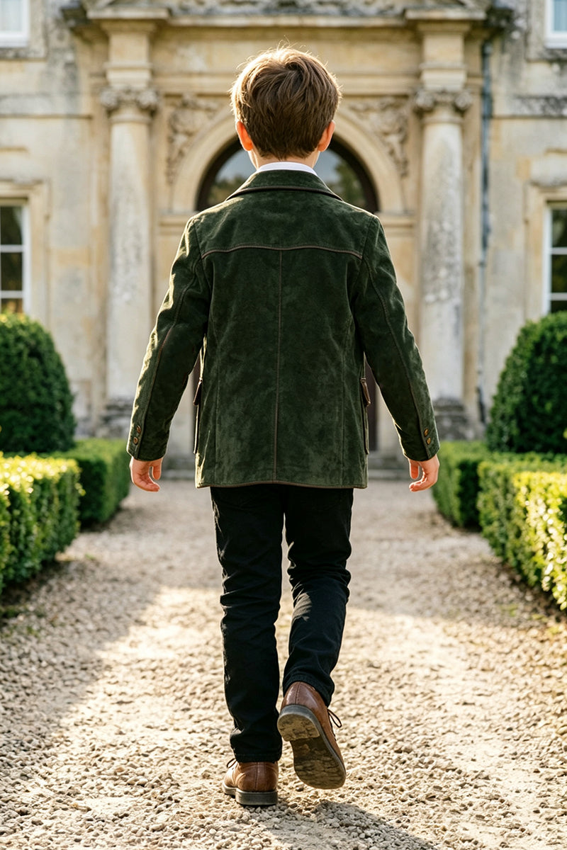 Boys Olive Suede with Contrast Lapel 2‑Piece Suit