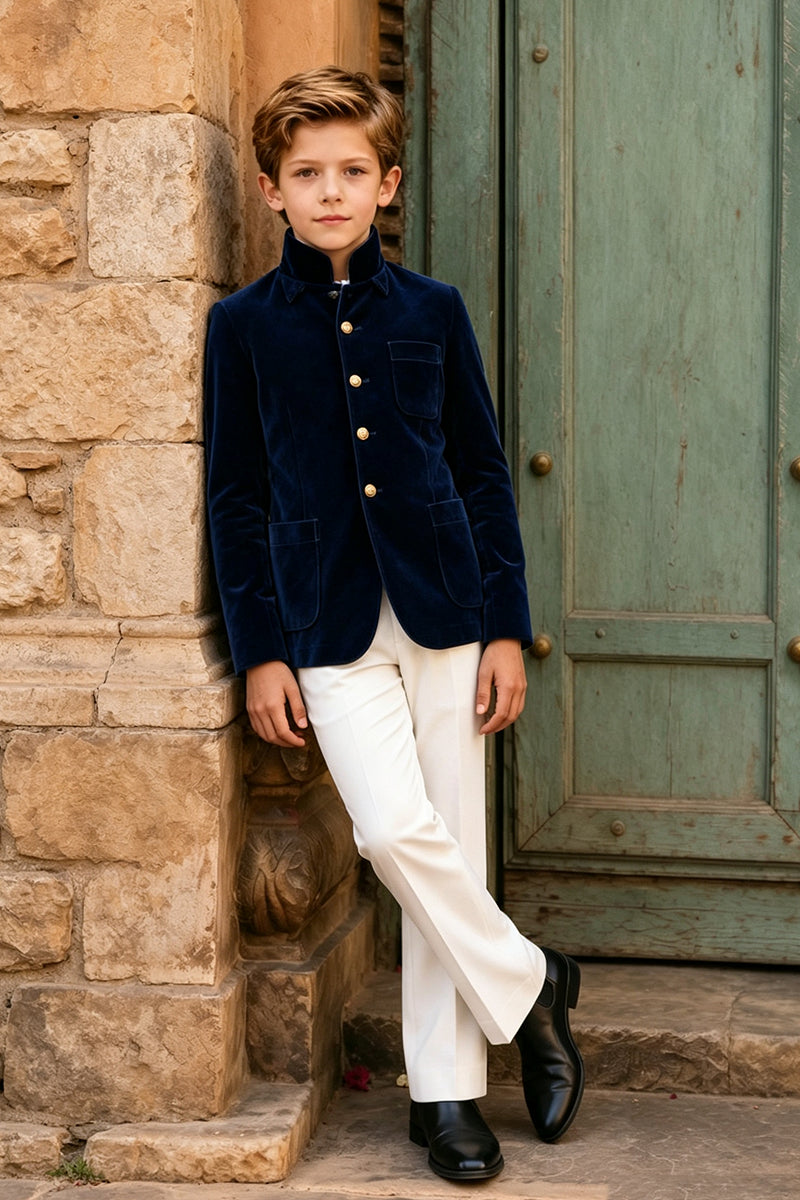 Boys Navy Velvet with Stand Collar 2‑Piece Suit