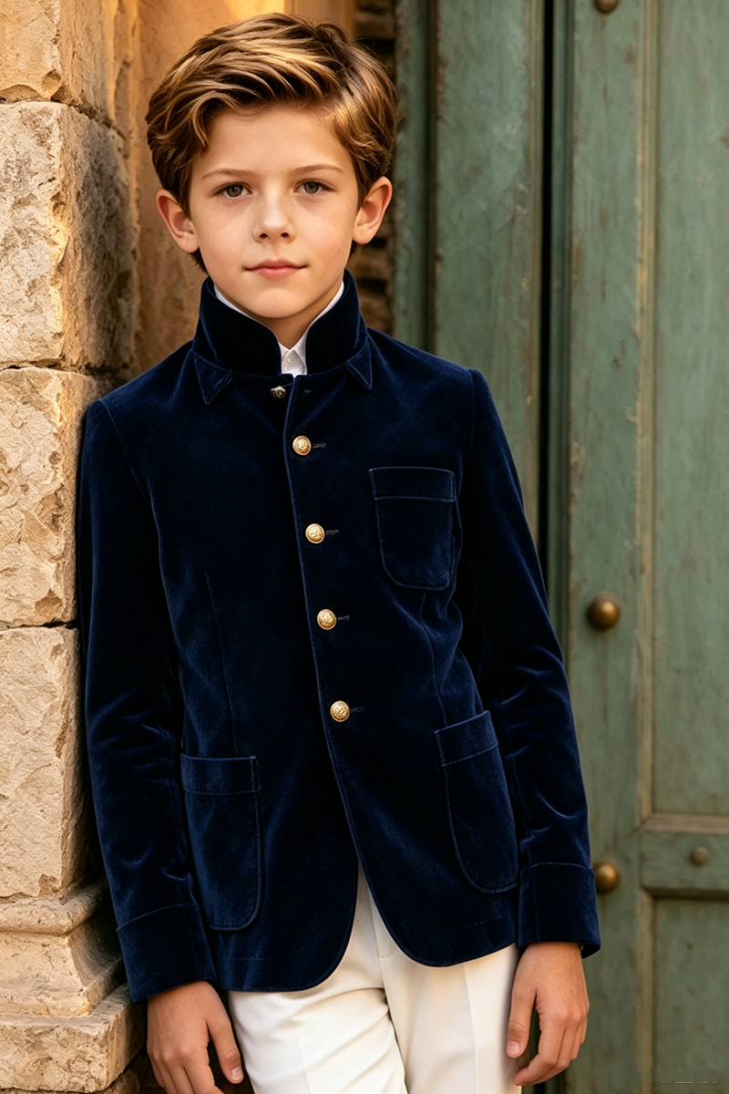 Boys Navy Velvet with Stand Collar 2‑Piece Suit