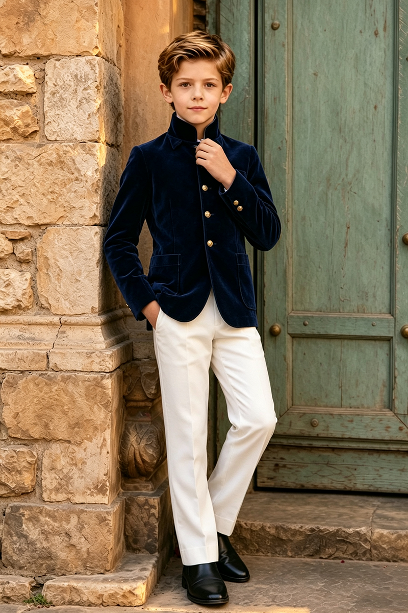 Boys Navy Velvet with Stand Collar 2‑Piece Suit