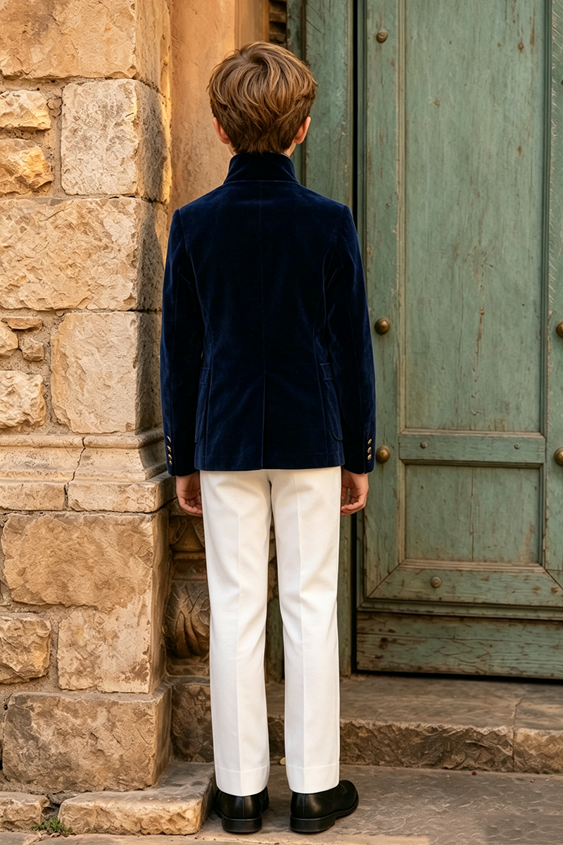 Boys Navy Velvet with Stand Collar 2‑Piece Suit
