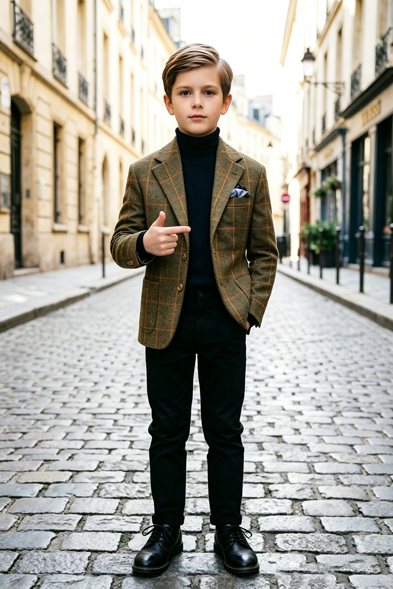 Boys Brown Check with Notch Lapel 2‑Piece Suit