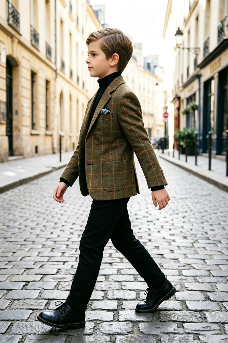 Boys Brown Check with Notch Lapel 2‑Piece Suit