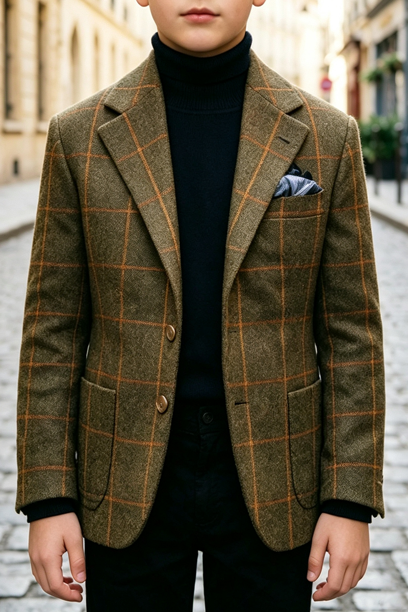 Boys Brown Check with Notch Lapel 2‑Piece Suit