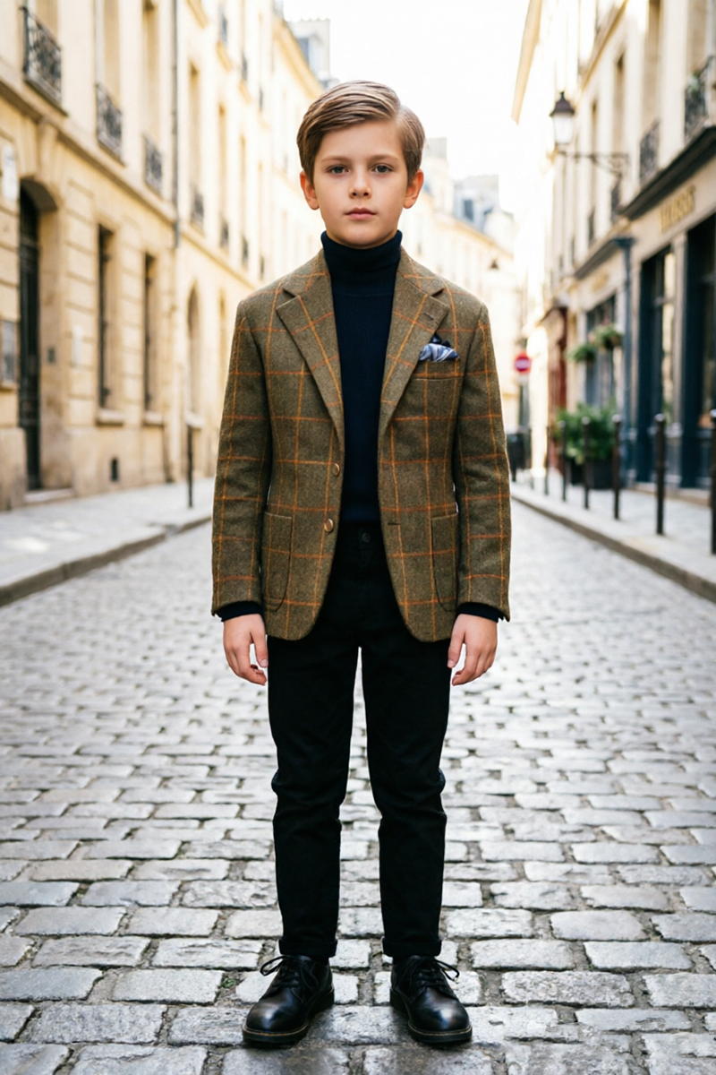Boys Brown Check with Notch Lapel 2‑Piece Suit