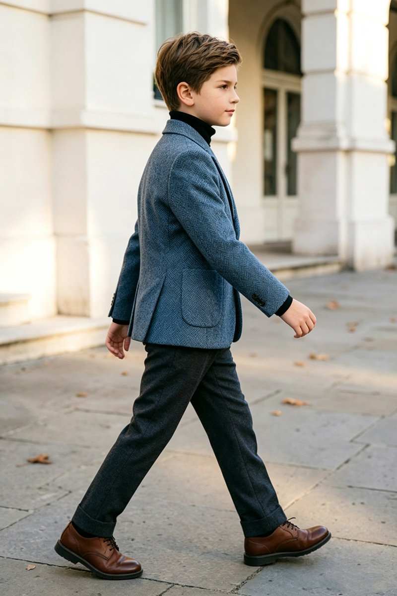 Boys Blue Herringbone with Notch Lapel 2‑Piece Suit