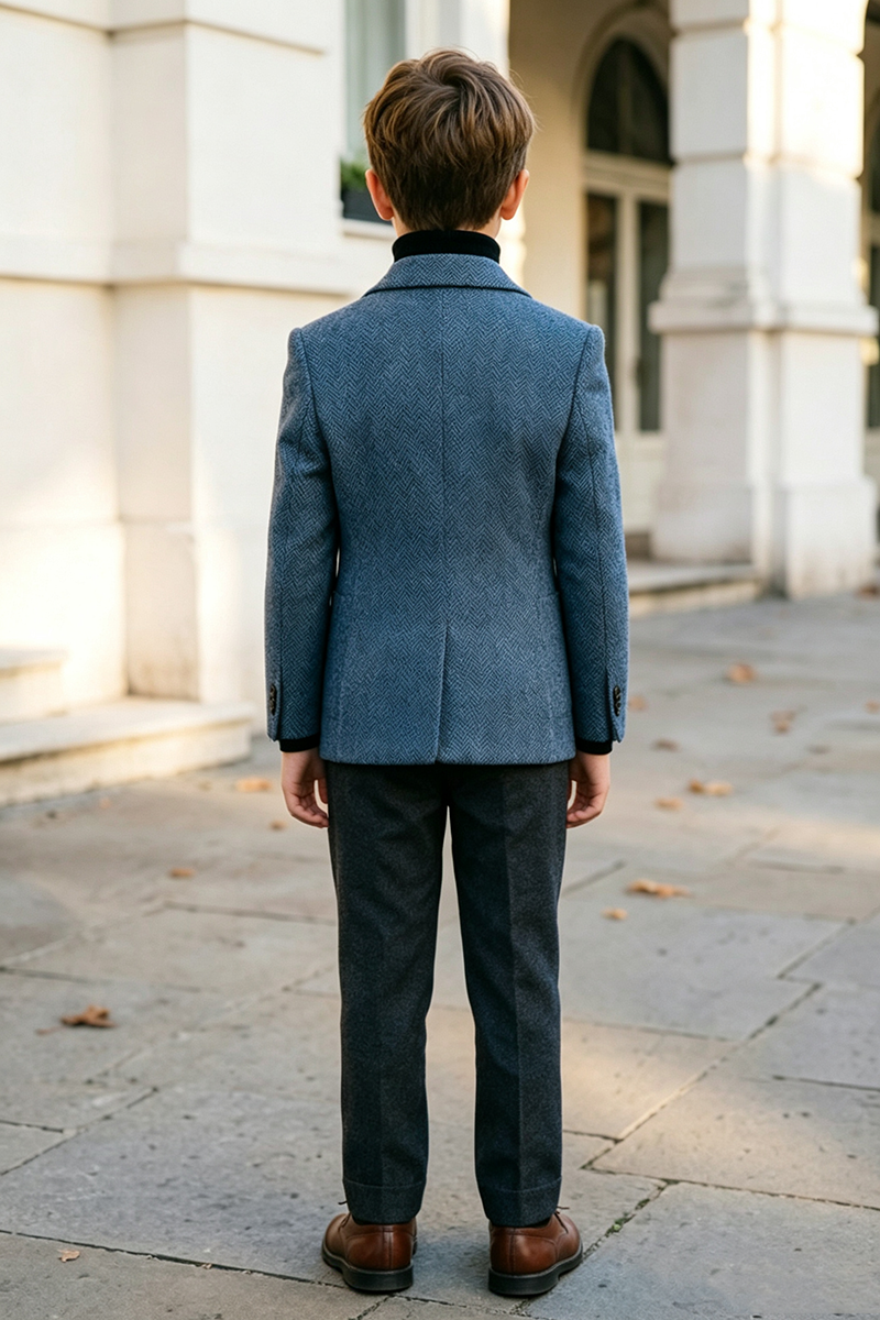 Boys Blue Herringbone with Notch Lapel 2‑Piece Suit
