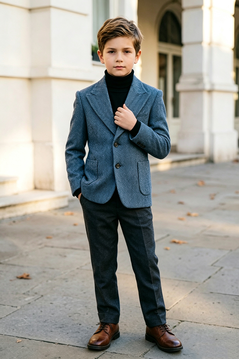 Boys Blue Herringbone with Notch Lapel 2‑Piece Suit