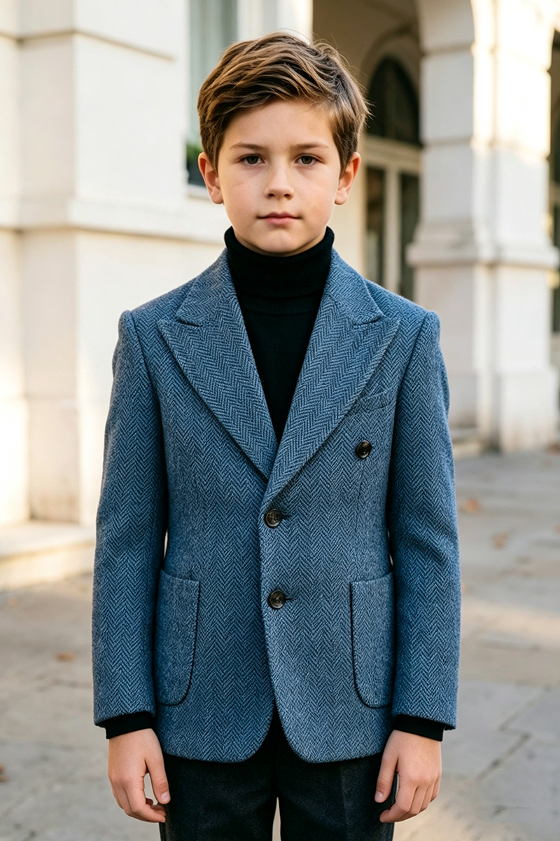 Boys Blue Herringbone with Notch Lapel 2‑Piece Suit