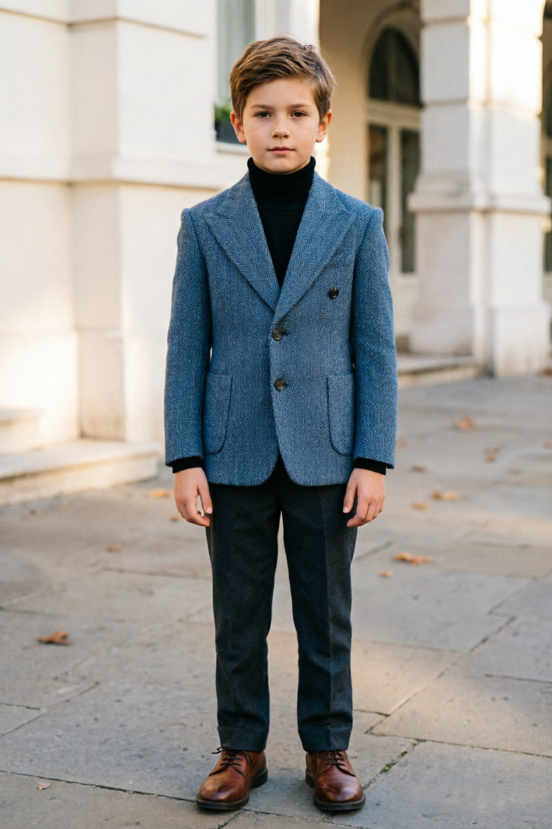Boys Blue Herringbone with Notch Lapel 2‑Piece Suit