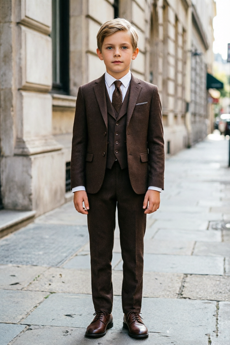 Boys Brown with Notch Lapel 3‑Piece Suit for Weddings