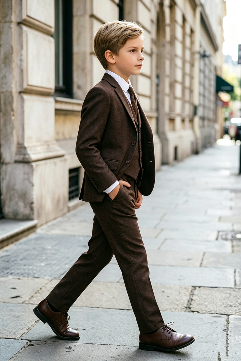 Boys Brown with Notch Lapel 3‑Piece Suit for Weddings