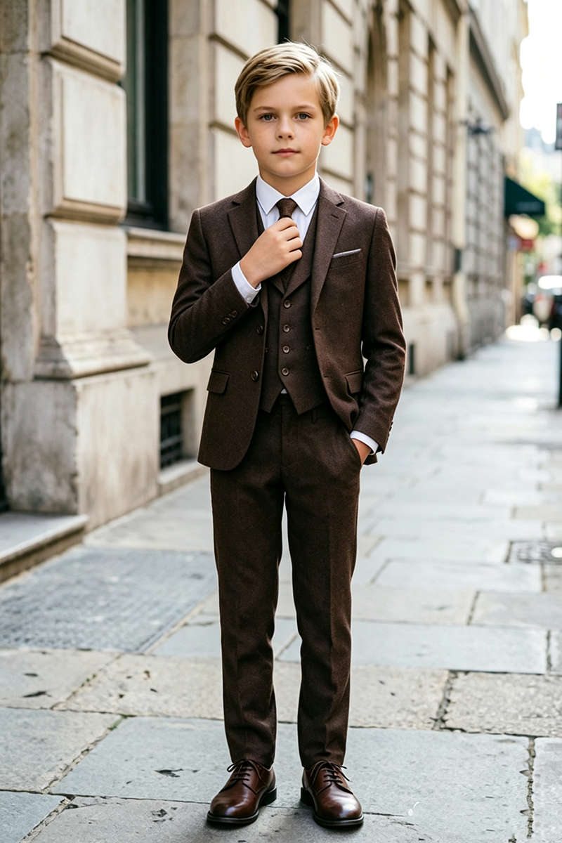 Boys Brown with Notch Lapel 3‑Piece Suit for Weddings