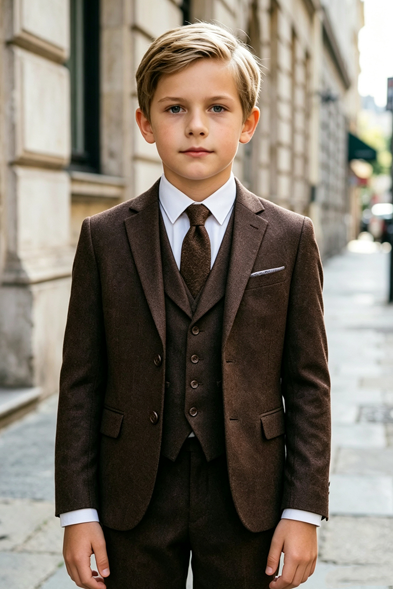 Boys Brown with Notch Lapel 3‑Piece Suit for Weddings