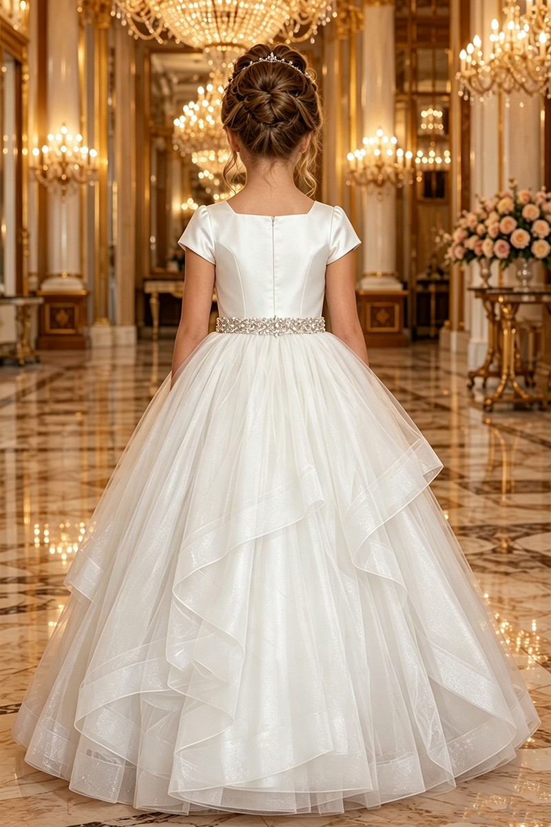 Girls White Satin Tulle Flower Girl Dress for Weddings with Beaded Waistband