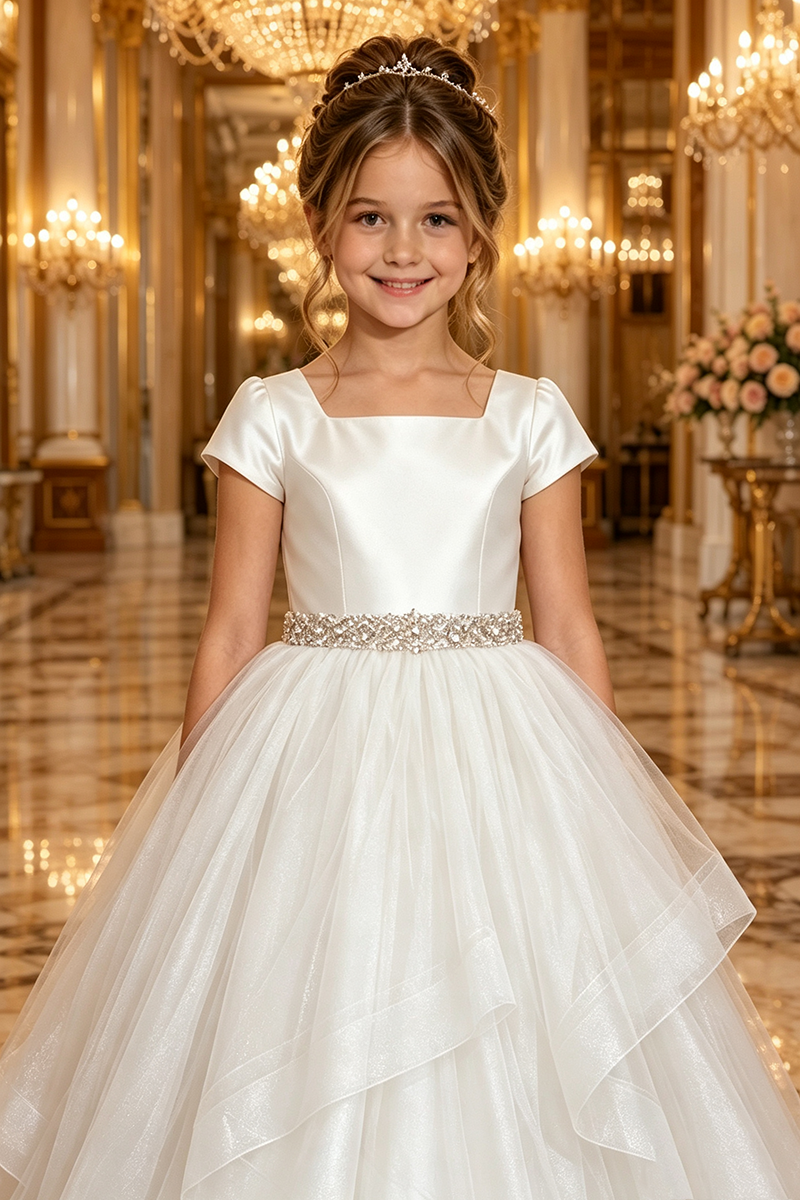Girls White Satin Tulle Flower Girl Dress for Weddings with Beaded Waistband