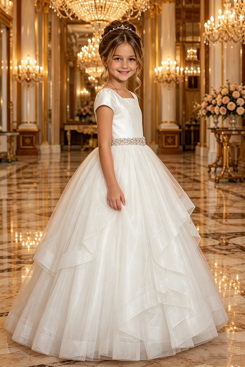 Girls White Satin Tulle Flower Girl Dress for Weddings with Beaded Waistband