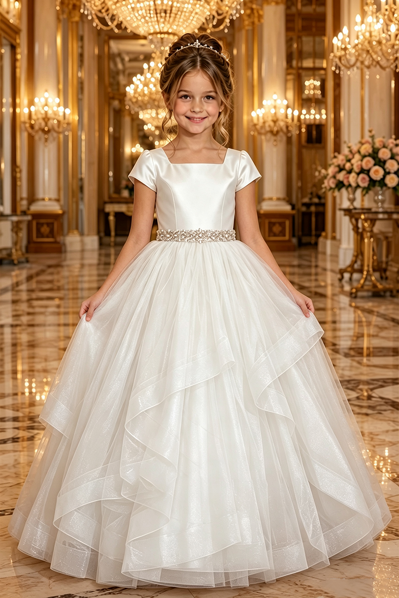 Girls White Satin Tulle Flower Girl Dress for Weddings with Beaded Waistband