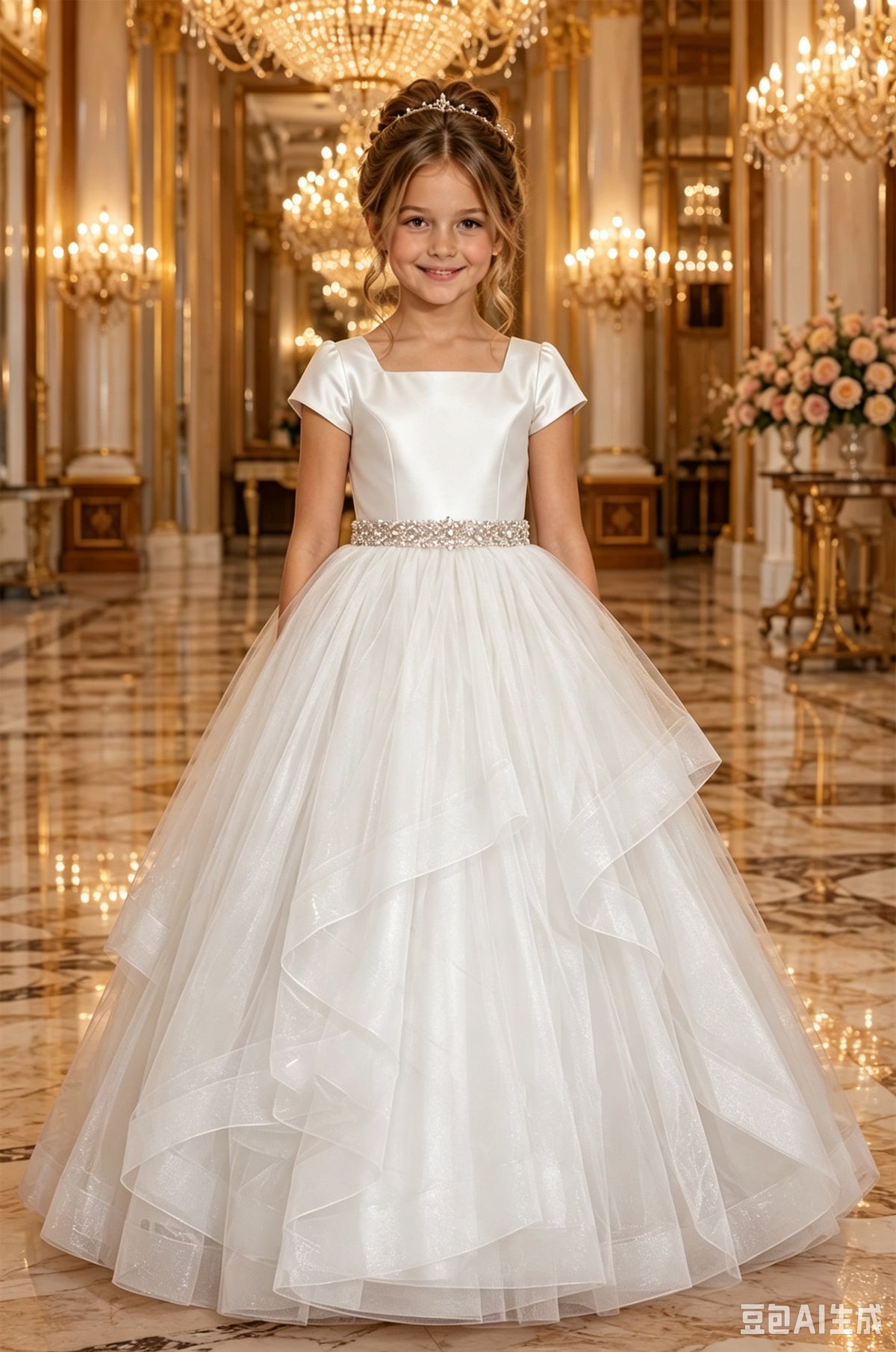 Girls White Satin Tulle Flower Girl Dress for Weddings with Beaded Waistband