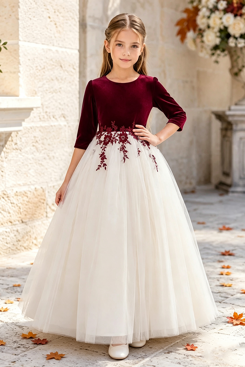 Girls Burgundy Velvet Tulle Flower Girl Dress for Weddings