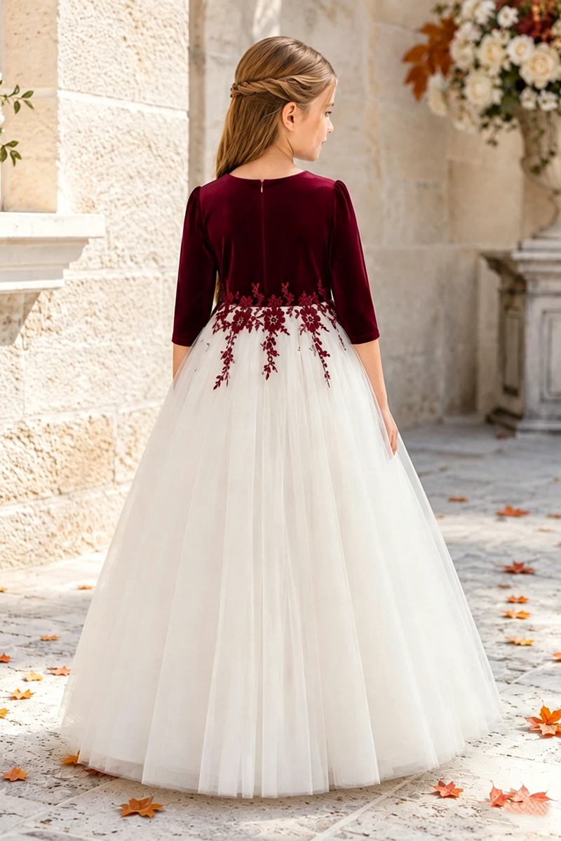 Girls Burgundy Velvet Tulle Flower Girl Dress for Weddings