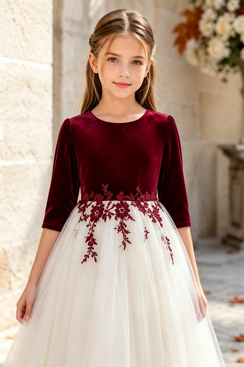 Girls Burgundy Velvet Tulle Flower Girl Dress for Weddings