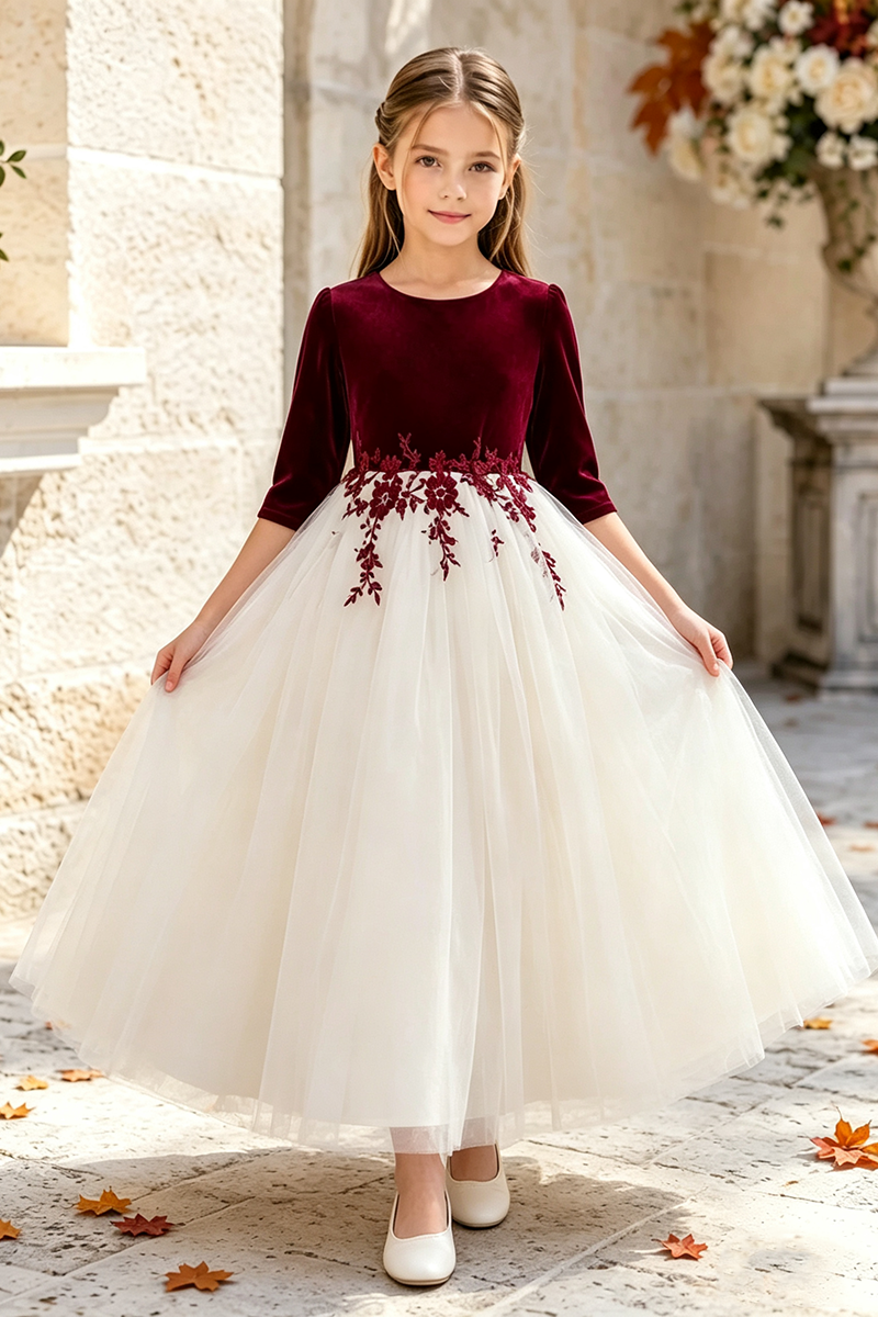 Girls Burgundy Velvet Tulle Flower Girl Dress for Weddings