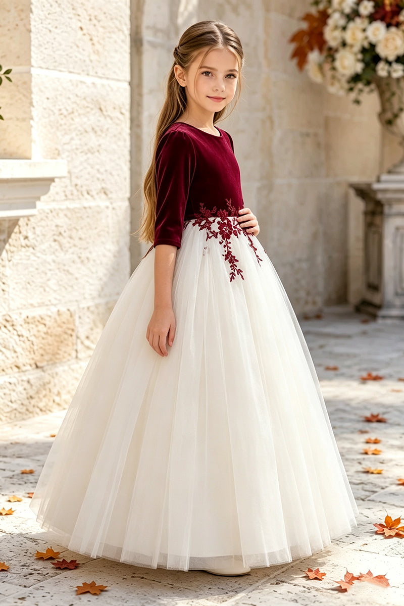 Girls Burgundy Velvet Tulle Flower Girl Dress for Weddings