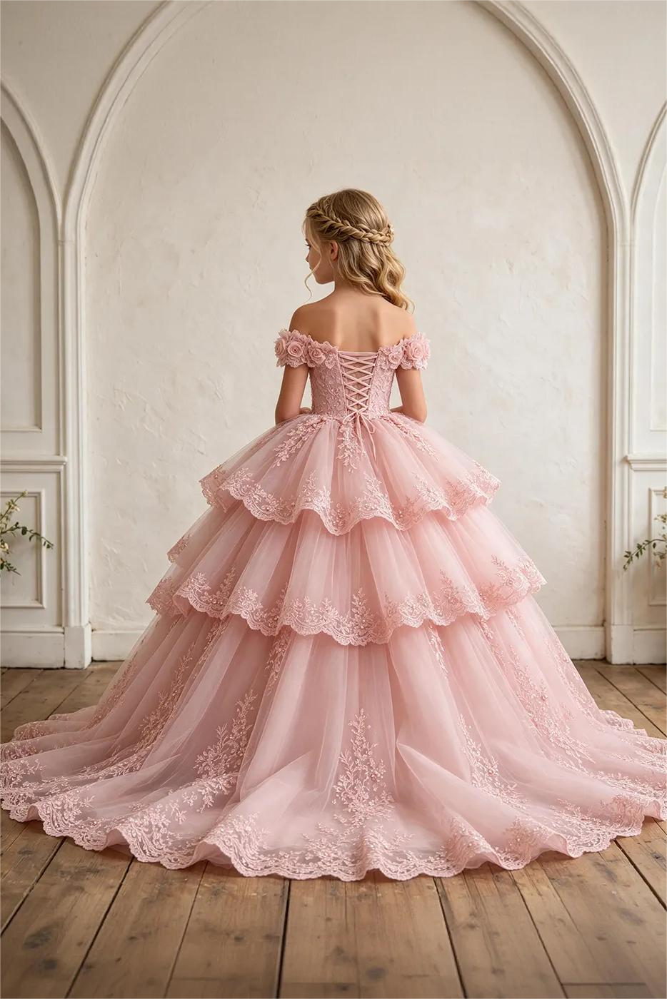 Pink Off Shoulder Heavy 3D Floral Lace Sequin Embroidery A-Line Cake Dress
