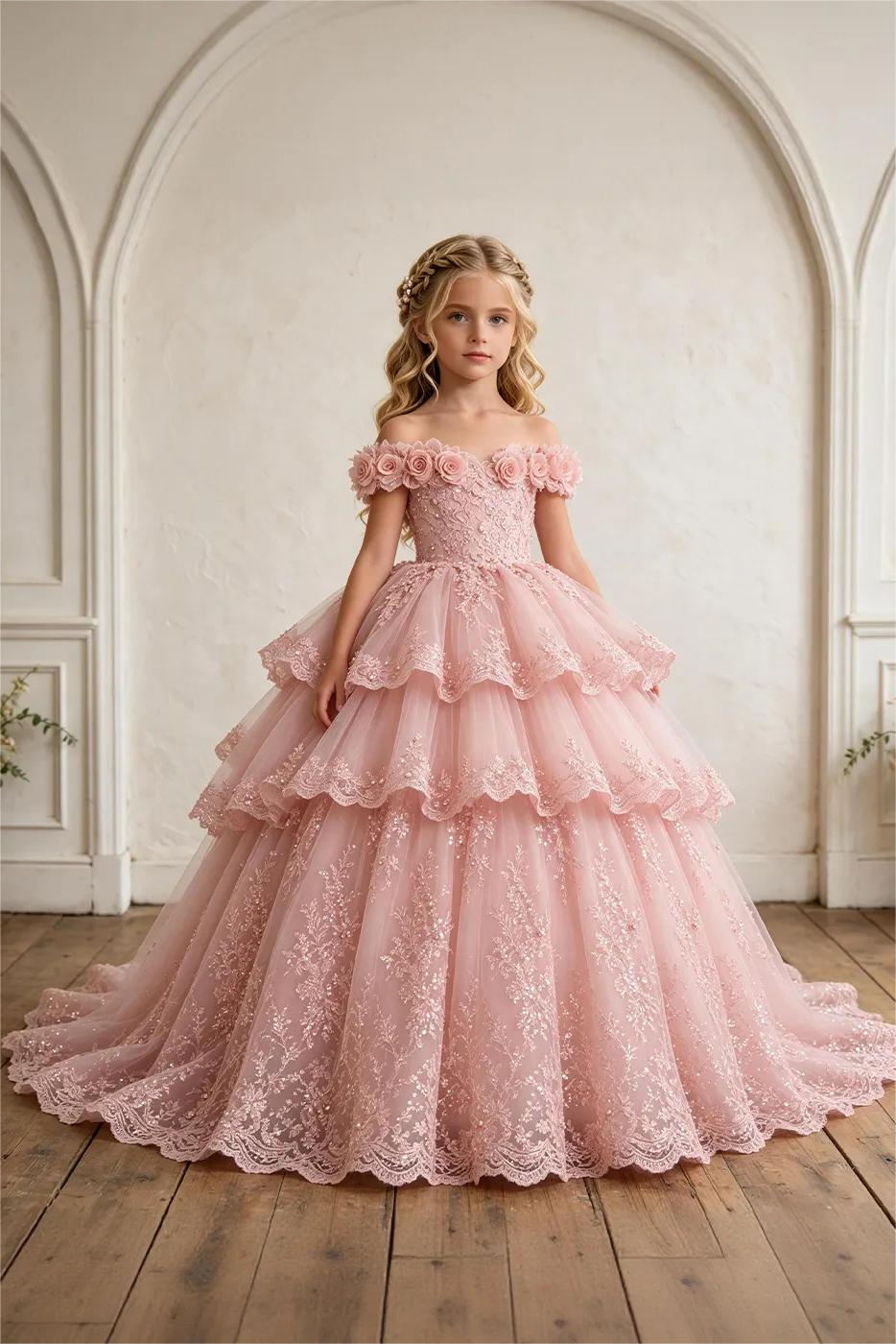 Pink Off Shoulder Heavy 3D Floral Lace Sequin Embroidery A-Line Cake Dress