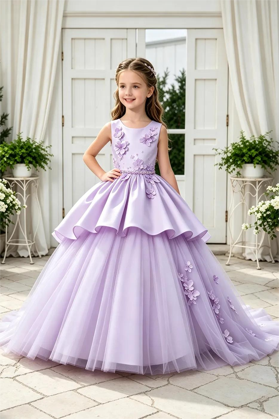 White Satin 3D Floral Appliqué Tulle Tiered A-Line Dress