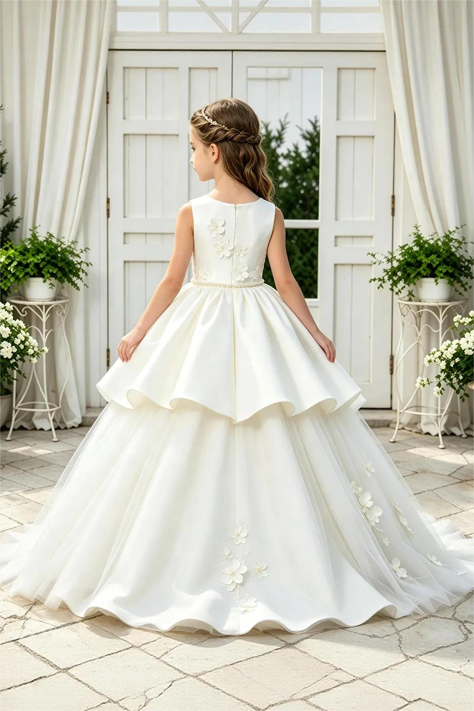 White Satin 3D Floral Appliqué Tulle Tiered A-Line Dress