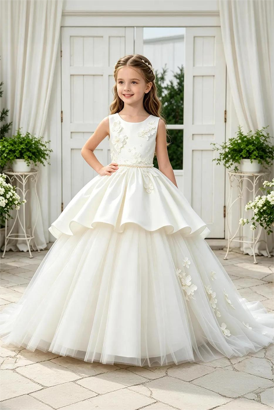 White Satin 3D Floral Appliqué Tulle Tiered A-Line Dress